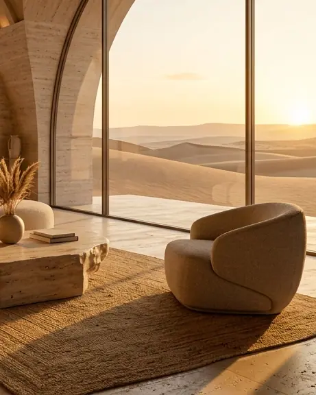 Rounded bouclé armchair and travertine table in warm light