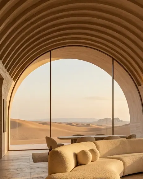 Ribbed timber vault meeting an arched window at sunset
