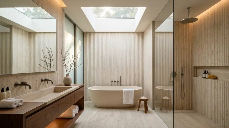 Travertine bathroom with a stone bath under a skylight