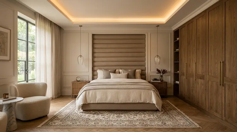 Main bedroom with an upholstered headboard wall and oak wardrobes