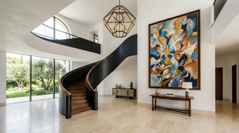Double-height entrance hall with a black spiral staircase, a large abstract painting and garden views