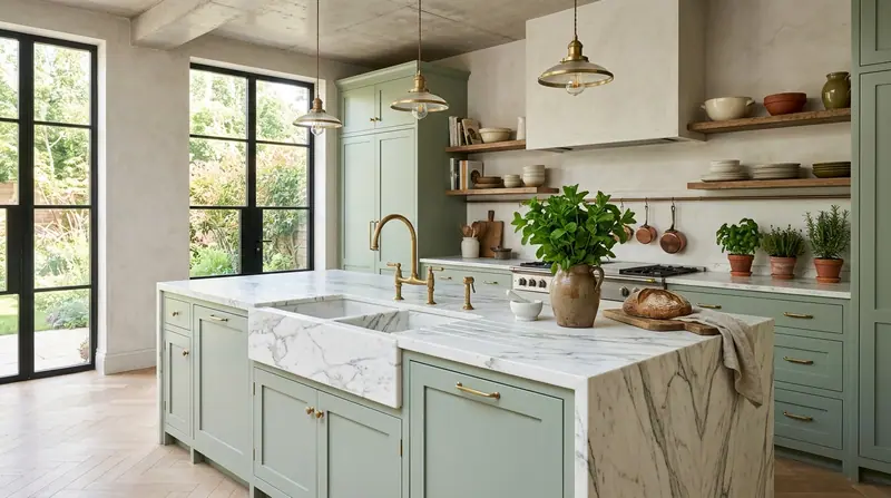 Sage green kitchen with a marble island and brass taps, garden beyond