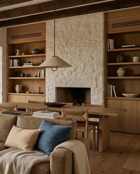 Whitewashed stone fireplace with oak shelving
