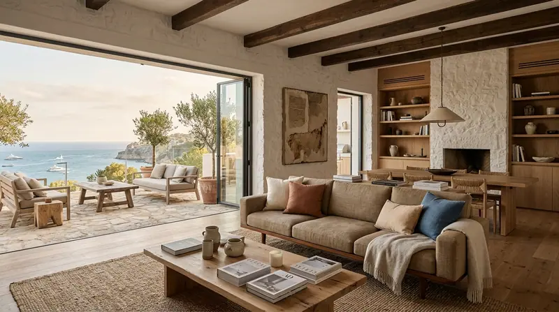 Living room with oak beams, a white stone fireplace and linen sofa, opening onto a terrace above the sea
