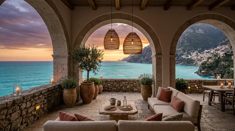 Stone arches framing the coast at dusk, with woven pendants over a terrace lounge