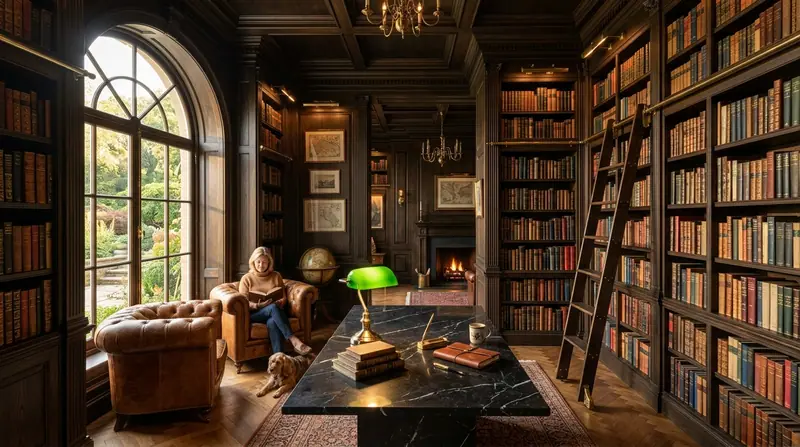 A panelled library with floor-to-ceiling bookshelves, a rolling ladder and leather armchairs