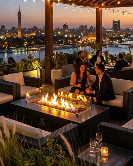 Fire table surrounded by low sofas