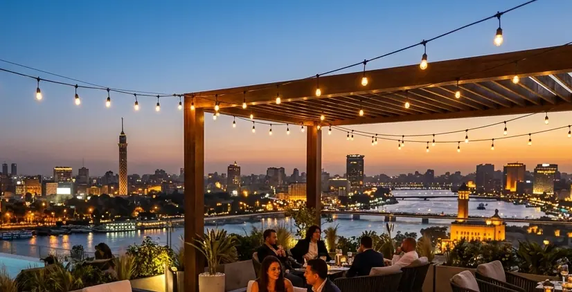Festoon lights strung from a timber pergola over the Nile skyline at dusk