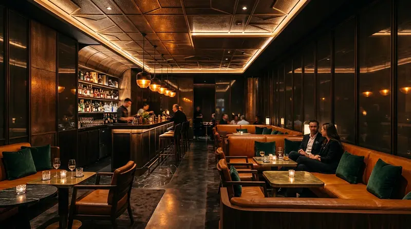 Dimly lit bar and lounge with smoked oak panelling, green velvet booths and cognac leather seating