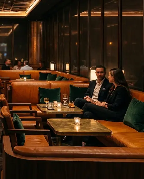 Cognac leather banquette and small table lamps