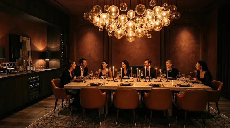 Private dining room with a cluster of glass globe pendants over a long candlelit table