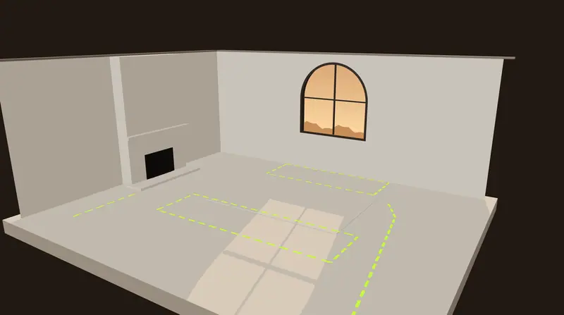 Stage 03, Space planning: The seating zone is marked out on the floor before any furniture is chosen.