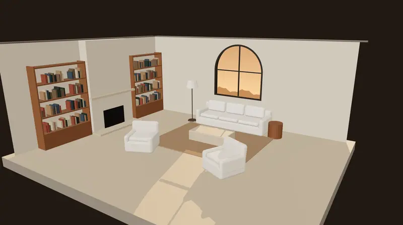 Stage 05, Materials & joinery: Neutral model surfaces become stone, timber and fabric; shelving is built in.