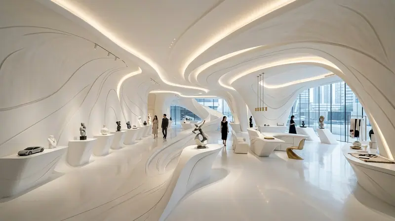 White sculpted showroom where flowing plaster walls and ceiling form display plinths, lit by linear light lines