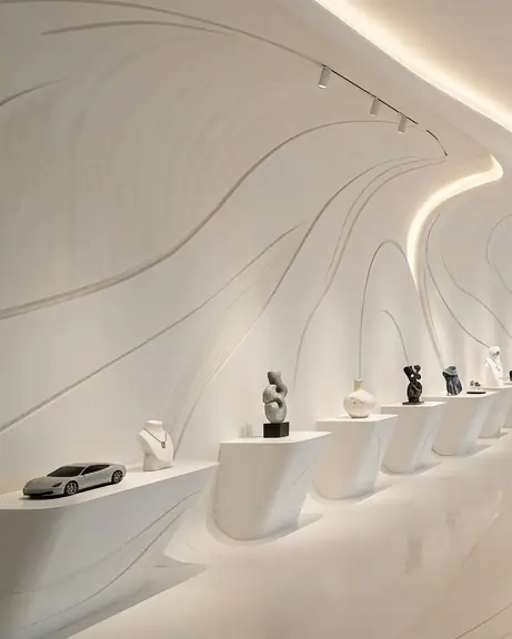 Plaster folds with recessed light lines and displayed objects
