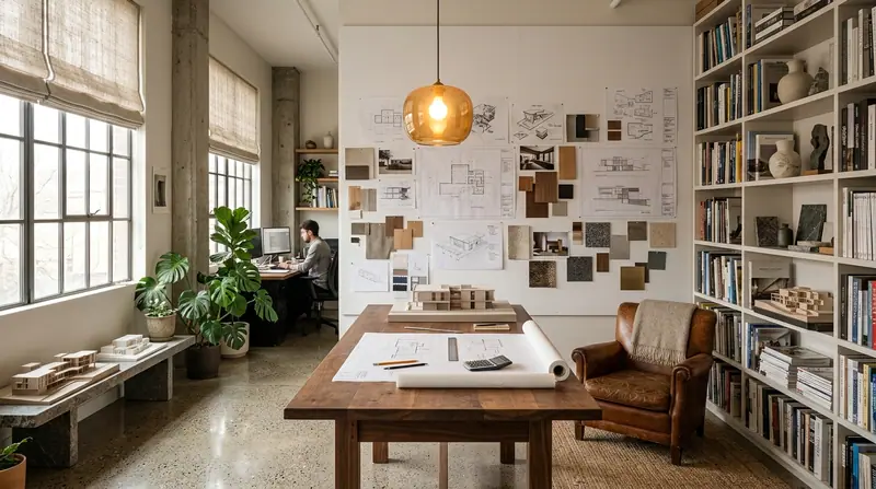 Design studio with a long wooden worktable, pinned drawings, a material sample wall and tall steel windows