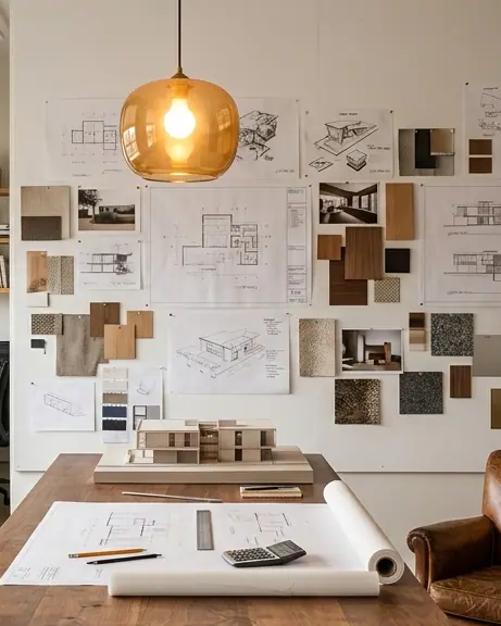 Pinned drawings and material samples on the studio wall
