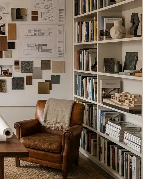 Leather armchair beside floor-to-ceiling white shelving of books and models